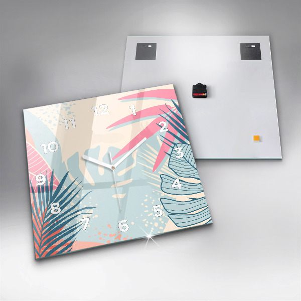 Čtvercové nástěnné hodiny Pastelové listy - tropy