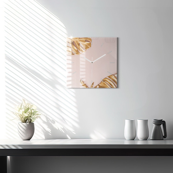 Skleněné hodiny čtvercové Zlaté tropické listy