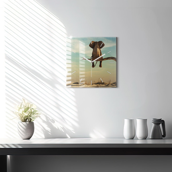 Skleněné hodiny čtvercové Slon na stromě