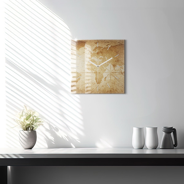 Skleněné hodiny čtvercové Vintage mapa světa