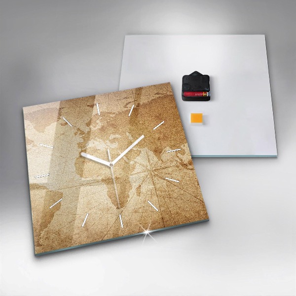 Skleněné hodiny čtvercové Vintage mapa světa