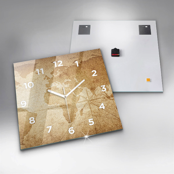 Skleněné hodiny čtvercové Vintage mapa světa