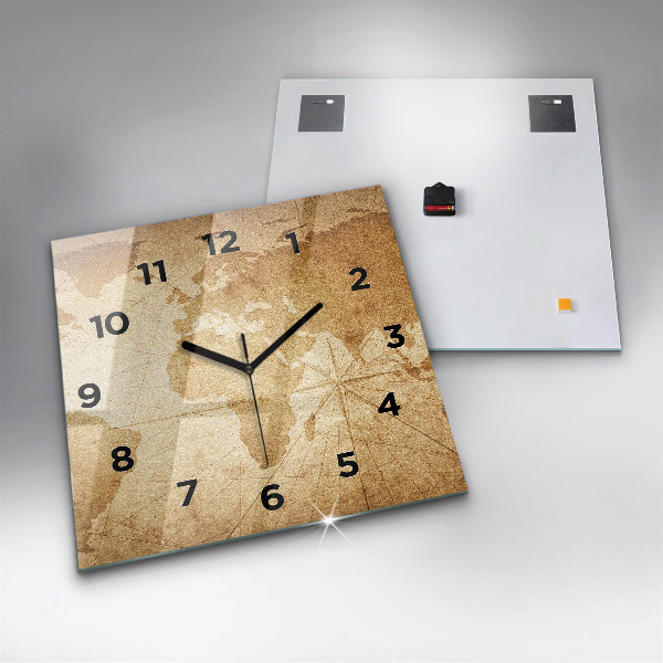 Skleněné hodiny čtvercové Vintage mapa světa