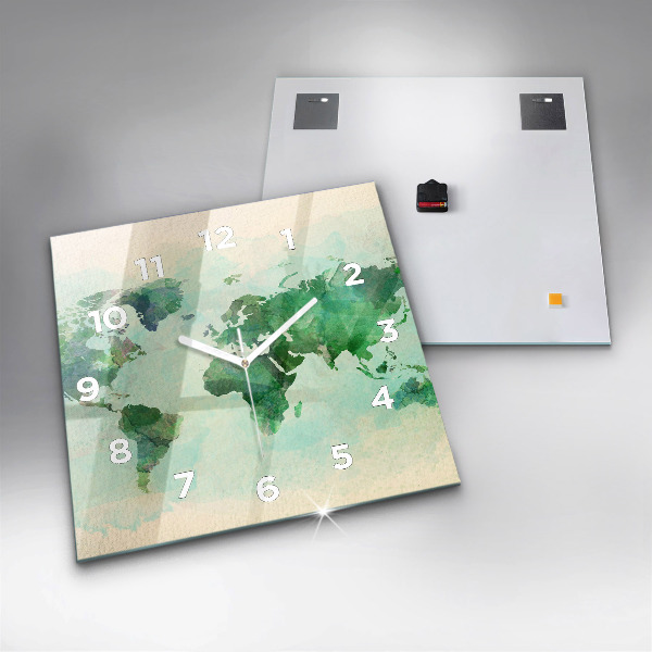 Skleněné hodiny čtvercové Akvarelová mapa světa