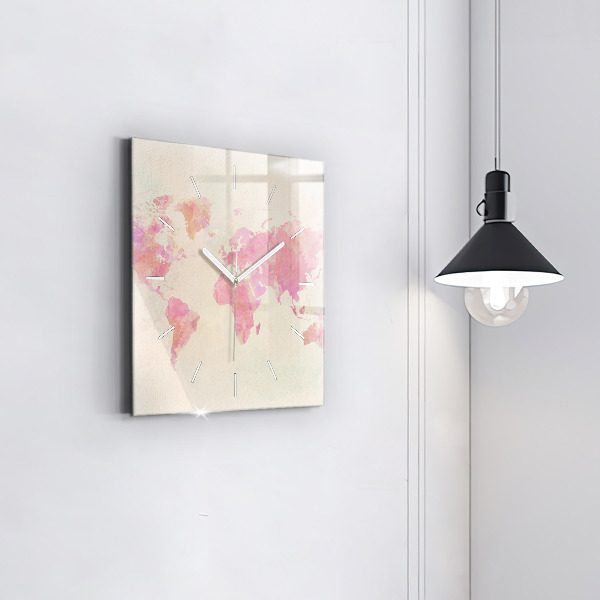 Skleněné hodiny čtvercové Akvarelová mapa světa