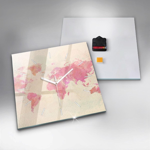 Skleněné hodiny čtvercové Akvarelová mapa světa