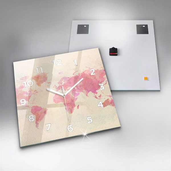 Skleněné hodiny čtvercové Akvarelová mapa světa
