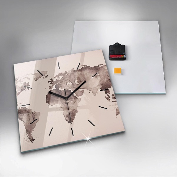 Skleněné hodiny čtvercové Akvarelová mapa světa