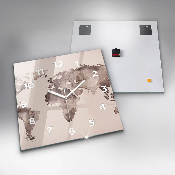 Skleněné hodiny čtvercové Akvarelová mapa světa