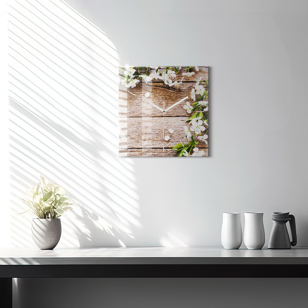 Skleněné hodiny čtvercové Květiny na dřevě