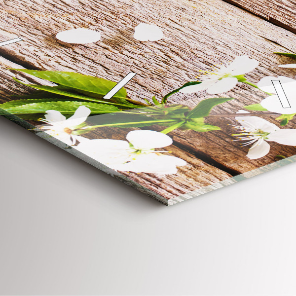 Skleněné hodiny čtvercové Květiny na dřevě