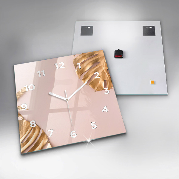 Skleněné hodiny čtvercové Zlaté tropické listy