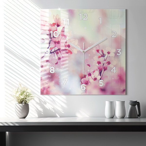 Skleněné hodiny čtvercové Květiny jaro