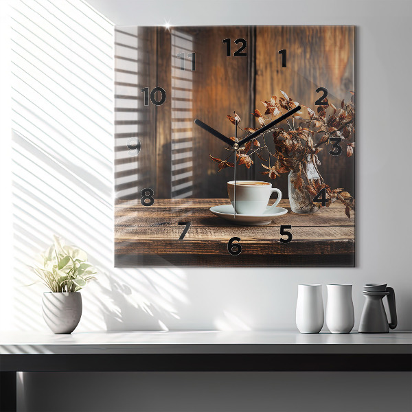 Čtvercové nástěnné hodiny Šálek kávy