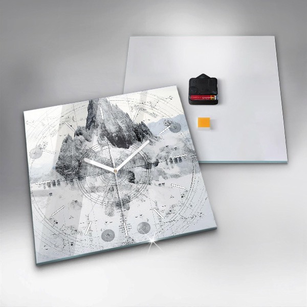 Čtvercové nástěnné hodiny Kresba hor