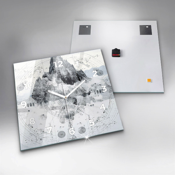 Čtvercové nástěnné hodiny Kresba hor