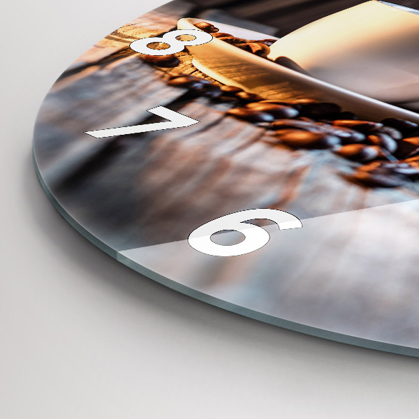 Kulaté skleněné hodiny s fotkou Šálek kávy