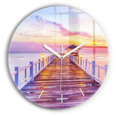 Kulaté skleněné hodiny s fotkou Most v přístavu večer