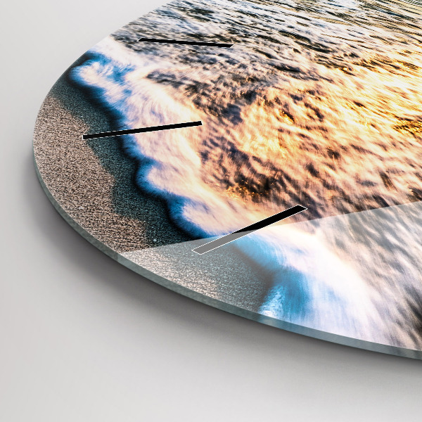 Kulaté skleněné hodiny s fotkou Pláž, moře a písek