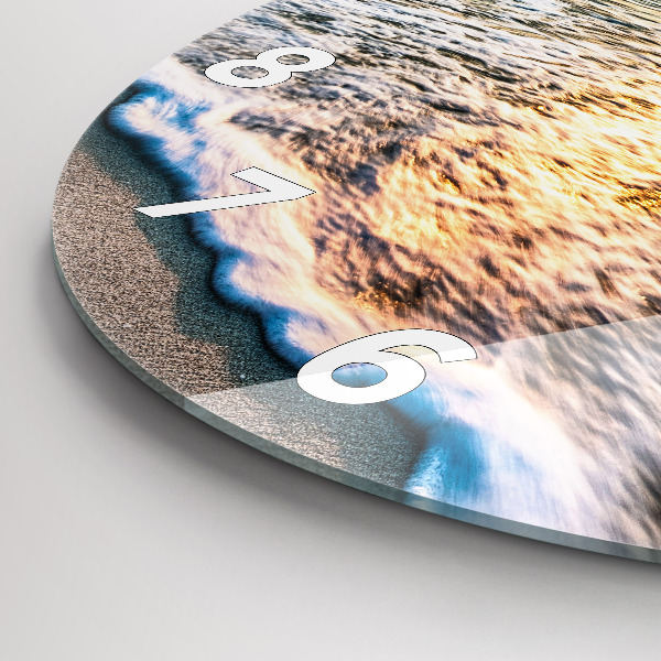 Kulaté skleněné hodiny s fotkou Pláž, moře a písek