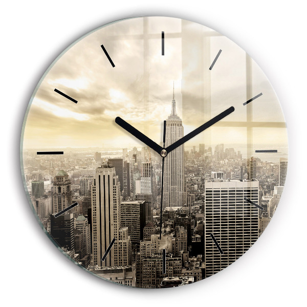 Kulaté skleněné hodiny s fotkou Mrakodrap v New Yorku