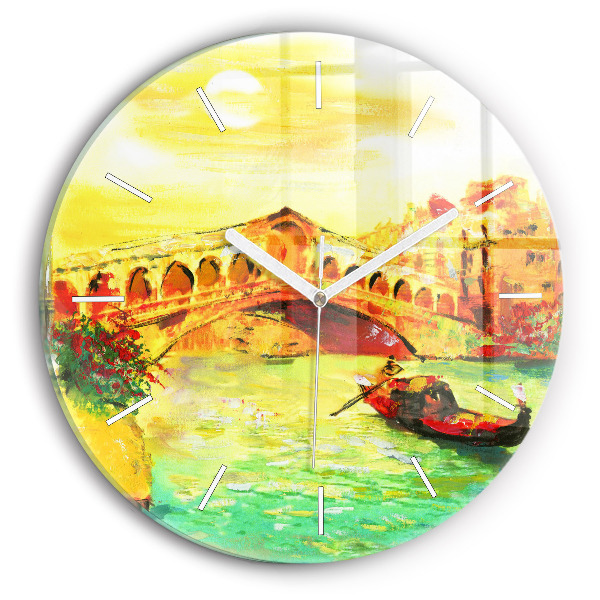 Kulaté skleněné hodiny s fotkou Benátský most Rialto