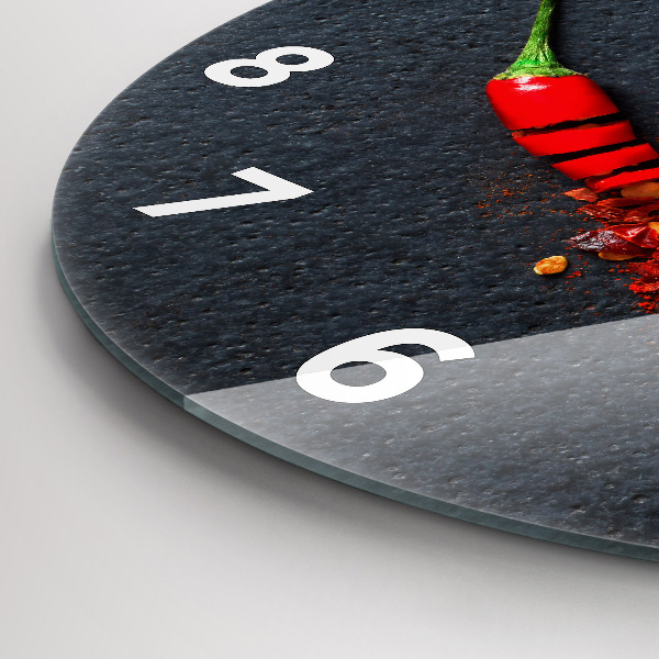 Kulaté skleněné hodiny s fotkou Koření z červeného pepře