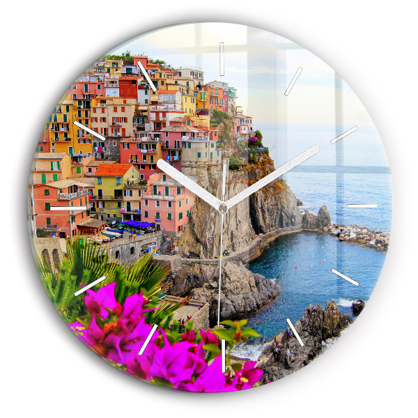 Kulaté skleněné hodiny s fotkou Pobřeží Cinque Terre