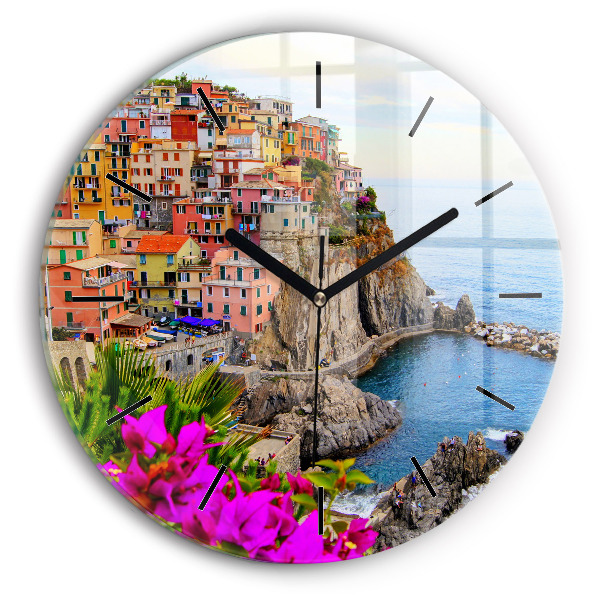 Kulaté skleněné hodiny s fotkou Pobřeží Cinque Terre