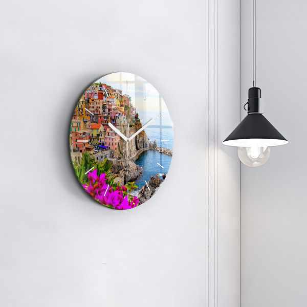 Kulaté skleněné hodiny s fotkou Pobřeží Cinque Terre
