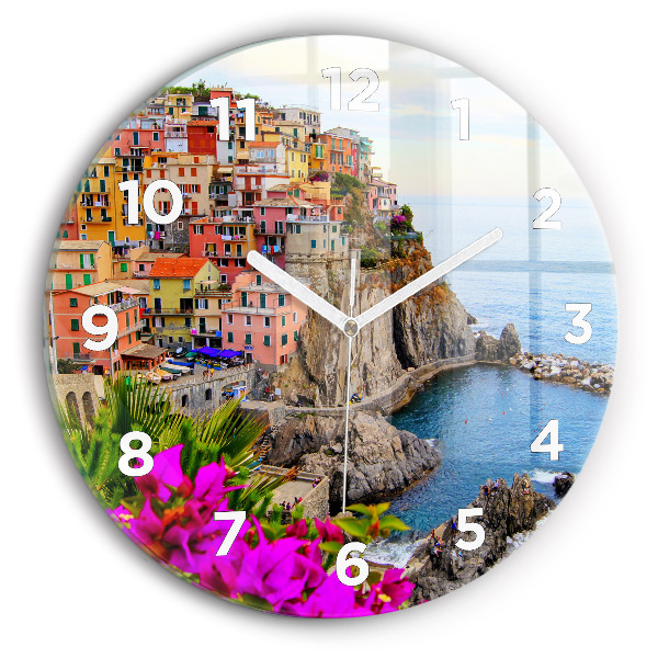 Kulaté skleněné hodiny s fotkou Pobřeží Cinque Terre