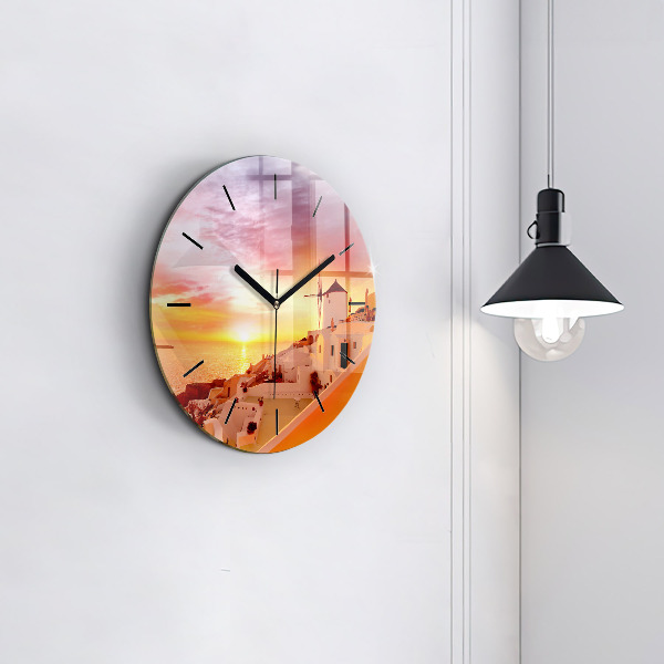 Kulaté skleněné hodiny s fotkou Starý větrný mlýn na Santorini