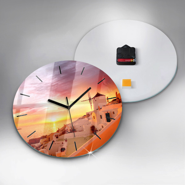 Kulaté skleněné hodiny s fotkou Starý větrný mlýn na Santorini