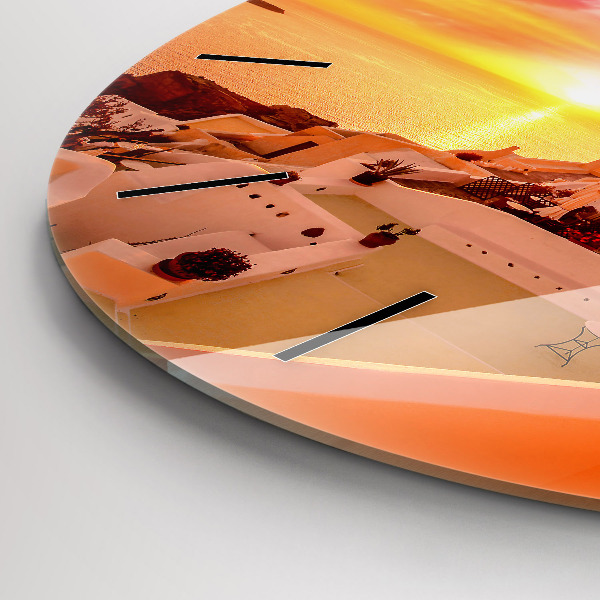 Kulaté skleněné hodiny s fotkou Starý větrný mlýn na Santorini