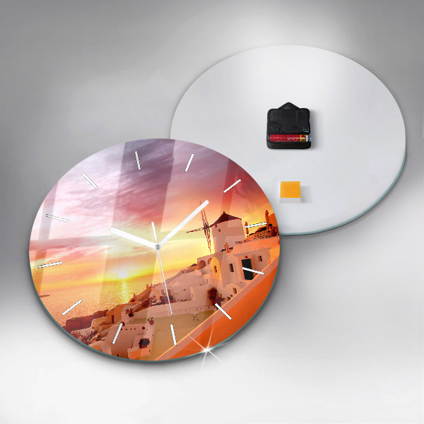 Kulaté skleněné hodiny s fotkou Starý větrný mlýn na Santorini