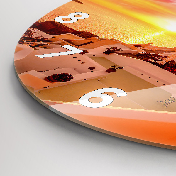 Kulaté skleněné hodiny s fotkou Starý větrný mlýn na Santorini