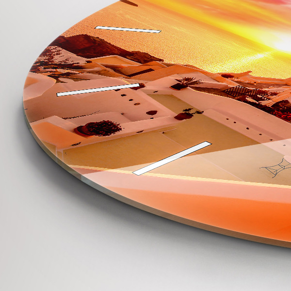 Kulaté skleněné hodiny s fotkou Starý větrný mlýn na Santorini