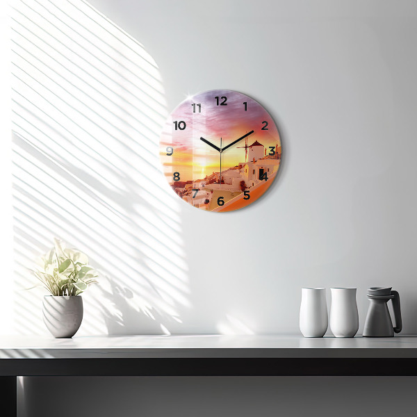 Kulaté skleněné hodiny s fotkou Starý větrný mlýn na Santorini