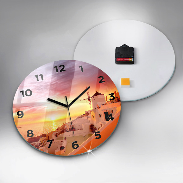 Kulaté skleněné hodiny s fotkou Starý větrný mlýn na Santorini