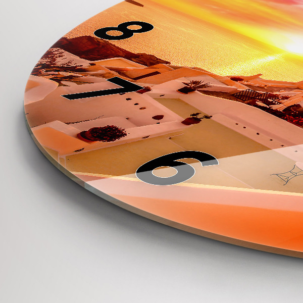 Kulaté skleněné hodiny s fotkou Starý větrný mlýn na Santorini