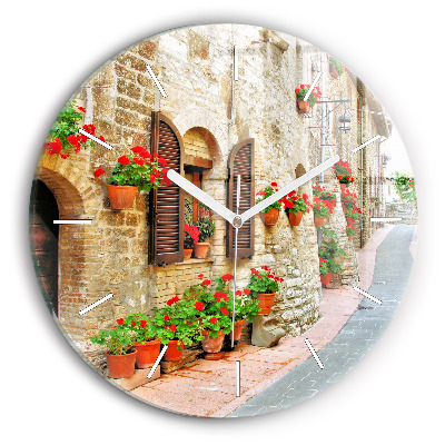 Kulaté skleněné hodiny s fotkou Malebná ulice