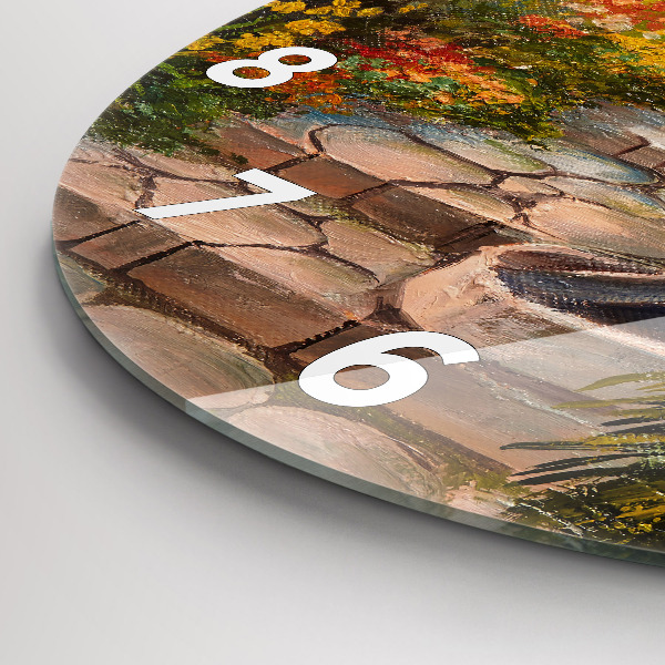 Kulaté skleněné hodiny s fotkou Olejová kompozice v lese