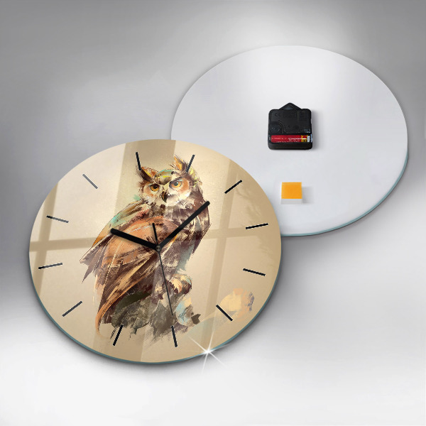 Kulaté skleněné hodiny s fotkou Sova - znamení moudrosti