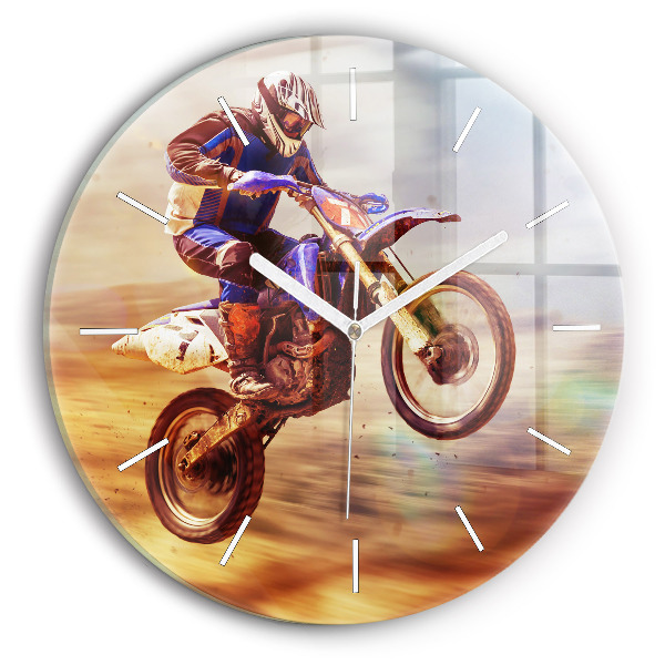 Kulaté skleněné hodiny s fotkou Enduro motokros