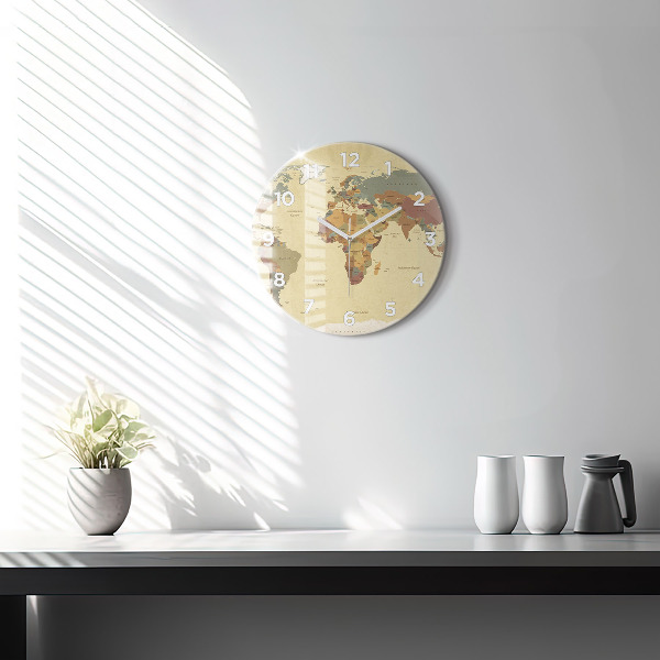 Kulaté skleněné hodiny s fotkou Mapa světa ve vintage stylu