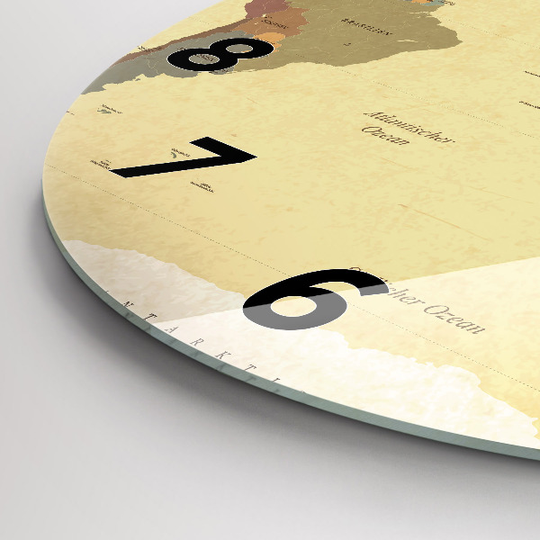 Kulaté skleněné hodiny s fotkou Mapa světa ve vintage stylu