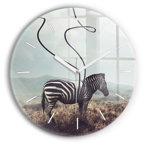 Kulaté skleněné hodiny s fotkou Zebra - abstrakce