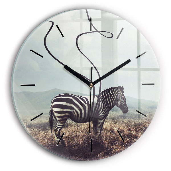 Kulaté skleněné hodiny s fotkou Zebra - abstrakce