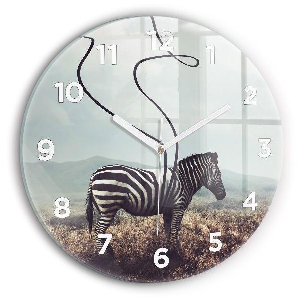Kulaté skleněné hodiny s fotkou Zebra - abstrakce
