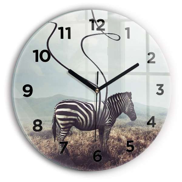 Kulaté skleněné hodiny s fotkou Zebra - abstrakce